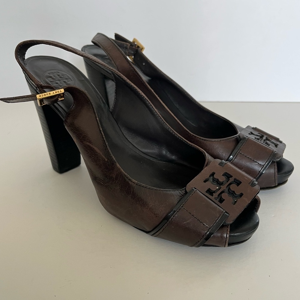 Tory Burch Brown Open Toe Slingback Wood Heel Size 8 Medium